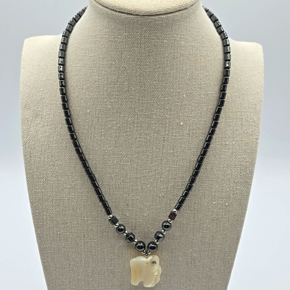 Hematite Necklace Elephant Cream Color Stone with Rhinestone